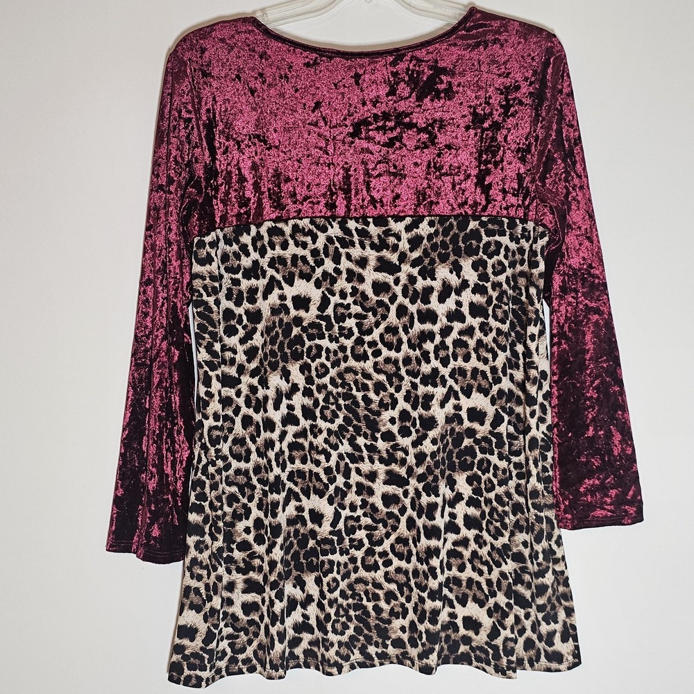 Lilypad Tunic Top Womens 3X Burgundy Velvet Leopard Print Long Sleeve Pocket - Picture 8 of 11